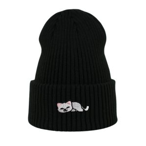 Haftowana czapka beanie - ŚPIĄCY KOTEK BIAŁY