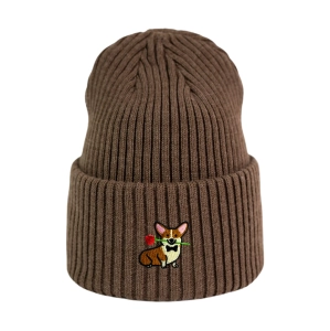 Haftowana czapka beanie - CORGI Z RÓŻĄ