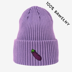 Haftowana bawełniana czapka beanie - BAKŁAŻAN