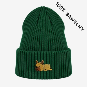 Haftowana bawełniana czapka beanie - ŚPIĄCY BULDOG FRANCUSKI