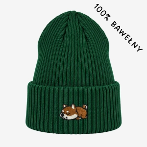 Haftowana bawełniana czapka beanie - ŚPIĄCY SHIBA INU/AKITA