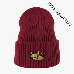 Haftowana bawełniana czapka beanie - ŚPIĄCY CHIHUAHUA DŁUGOWŁOSY (CZIŁAŁA)