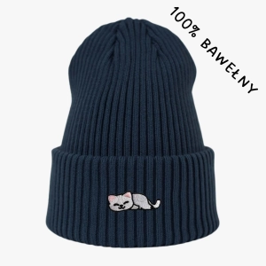 Haftowana bawełniana czapka beanie - ŚPIĄCY KOTEK BIAŁY
