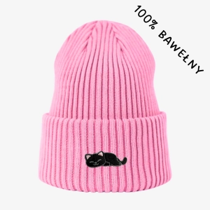Haftowana bawełniana czapka beanie - ŚPIĄCY KOTEK CZARNY