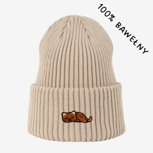 Haftowana bawełniana czapka beanie - ŚPIĄCY KOTEK RUDY
