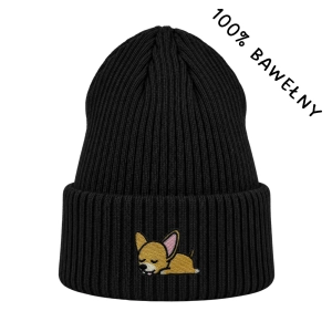 Haftowana bawełniana czapka beanie - ŚPIĄCY CHIHUAHUA KRÓTKOWŁOSY (CZIŁAŁA)