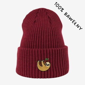 Haftowana bawełniana czapka beanie - LENIWIEC NA GAŁĘZI