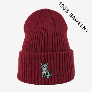 Haftowana bawełniana czapka beanie - KOT DACHOWIEC SZARY