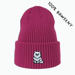 Haftowana bawełniana czapka beanie - KOT PERSKI BIAŁY