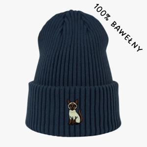 Haftowana bawełniana czapka beanie - KOT SYJAMSKI