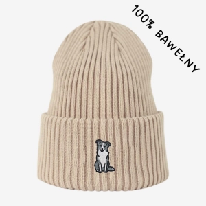 Haftowana bawełniana czapka beanie - BORDER COLLIE SZARY