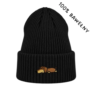 Haftowana bawełniana czapka beanie - ŚPIĄCY JAMNIK
