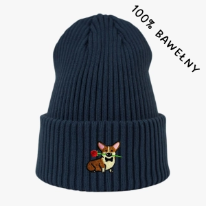 Haftowana bawełniana czapka beanie - CORGI Z RÓŻĄ