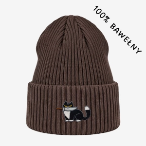 Haftowana bawełniana czapka beanie - KOTEK Z MACZETĄ