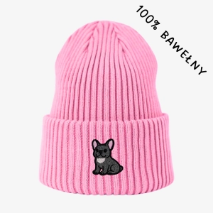 Haftowana bawełniana czapka beanie - BULDOG FRANCUSKI SZARY